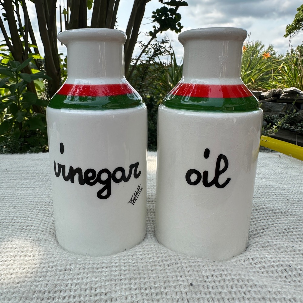 Baldelli Italia Oil Vinegar Cruet Set Vintage White Ceramic Red Green Stripe 6in